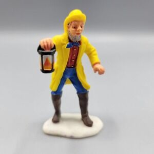 Vintage Lemax Resin Fisherman Figurine Holding Lantern In Yellow Coat White Base